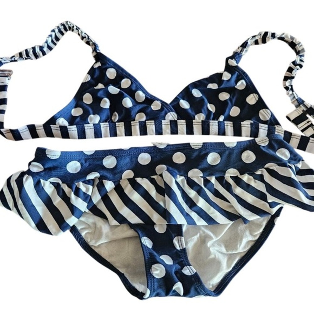 Childrens Place‎ Girls 12 Navy Polka Dot Stripe Bikini Swimwear 2‑Piece Set Y2K